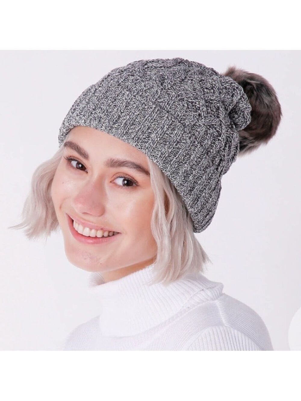 Parkhurst Cable Knit Beanie Hat in Gray With Faux Fur Pom Pom